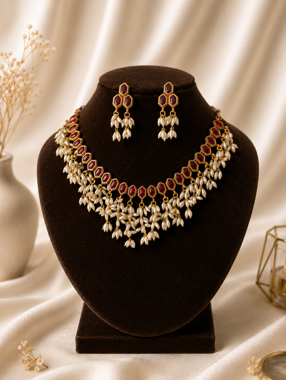 Rohini Ruby & Pearl Cluster Necklace Set