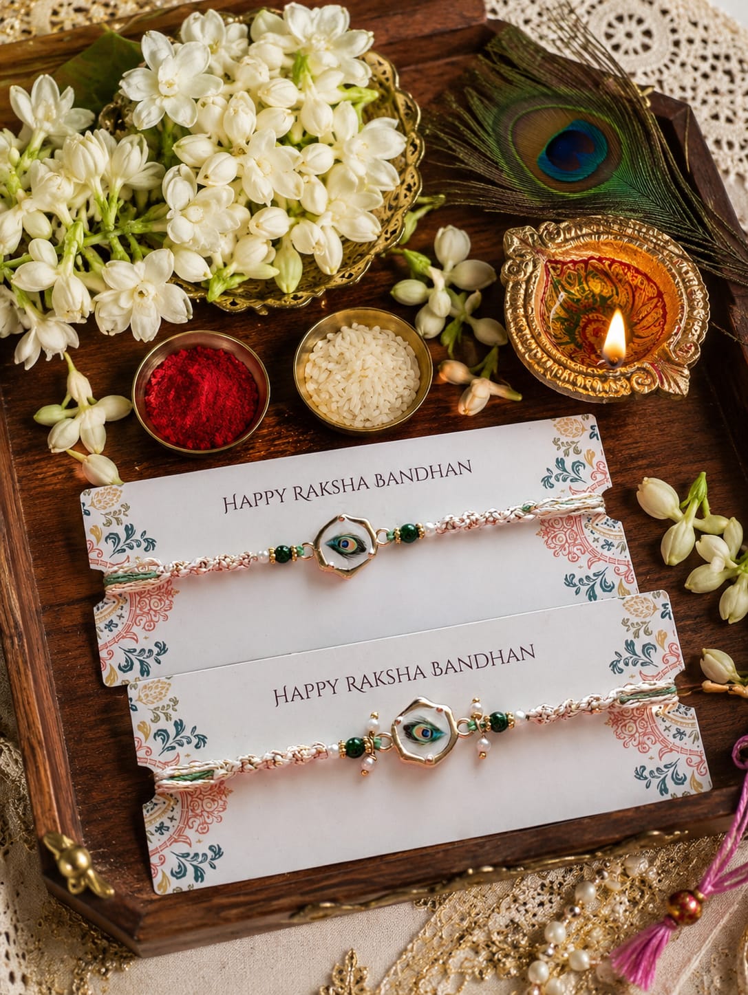 Three Rakhi bracelets wrapped in floral paper are arranged on a wooden tray with white flowers, a lit diya, peacock feathers, and small bowls of red and white powder. The paper labels read “HAPPY RAKSHA BANDHAN.
