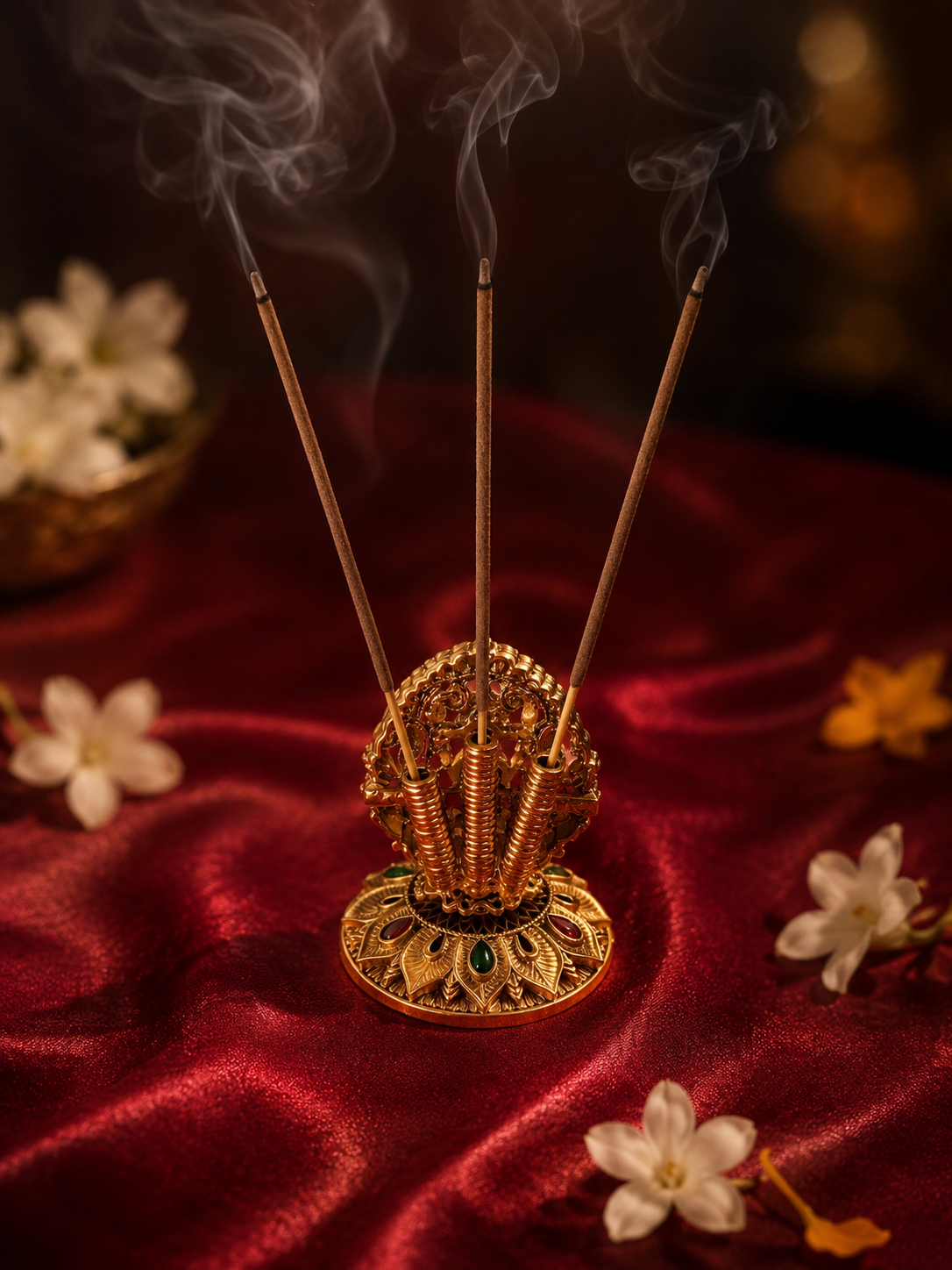 An elegant antique gold-plated incense stick holder featuring an intricately sculpted figurine of Goddess Lakshmi seated within an ornate circular arch. The decorative floral base holds three burning agarbatti incense sticks with wisps of smoke curling upward. The holder is set against a luxurious, draped deep red satin background scattered with small white flowers.