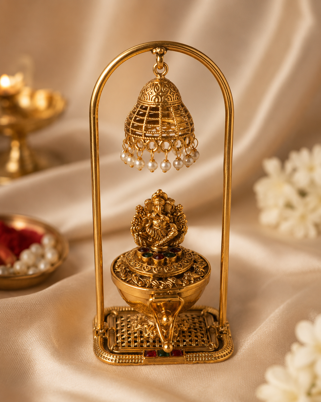 An ornate antique gold-plated kumkum box set within a tall, rounded arch stand. A decorative bell fringed with hanging white pearls dangles from the top of the arch directly above a small, sculpted figurine of Lord Ganesha mounted on the container lid. The entire decorative piece rests on a smooth champagne satin fabric background.
