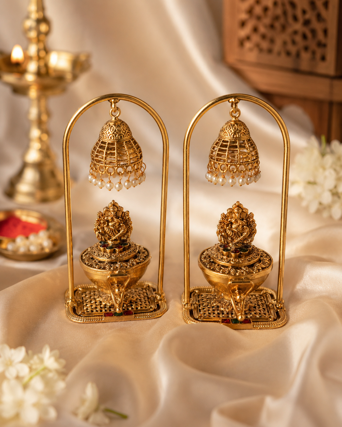 Daivik Antique Gold Ganesha Kumkum Box with Hanging Bell