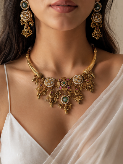 Close-up of a woman wearing an ornate gold necklace and earrings.
