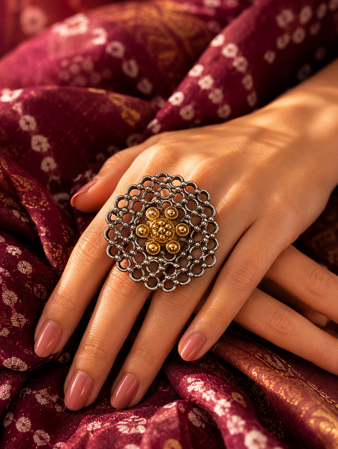 A close-up view of a woman's hands resting on a maroon bandhani fabric, showcasing a large, round oxidized silver statement ring with an intricate openwork mesh design and a raised gold flower emblem in the center.