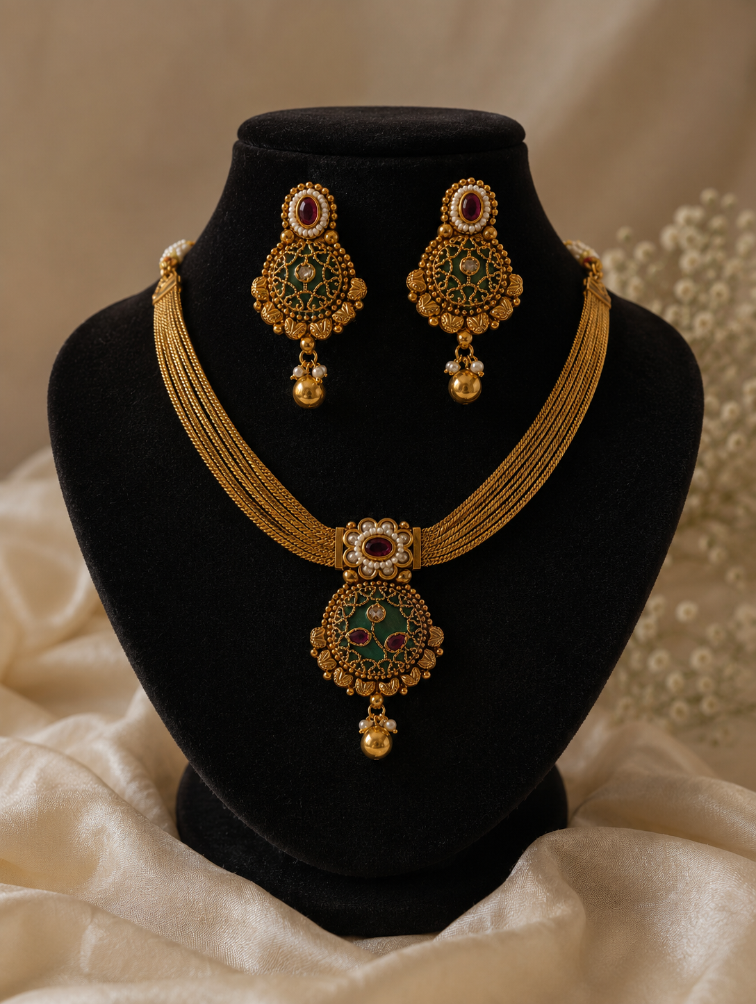Gold necklace and earrings set on a black velvet stand with a beige fabric background