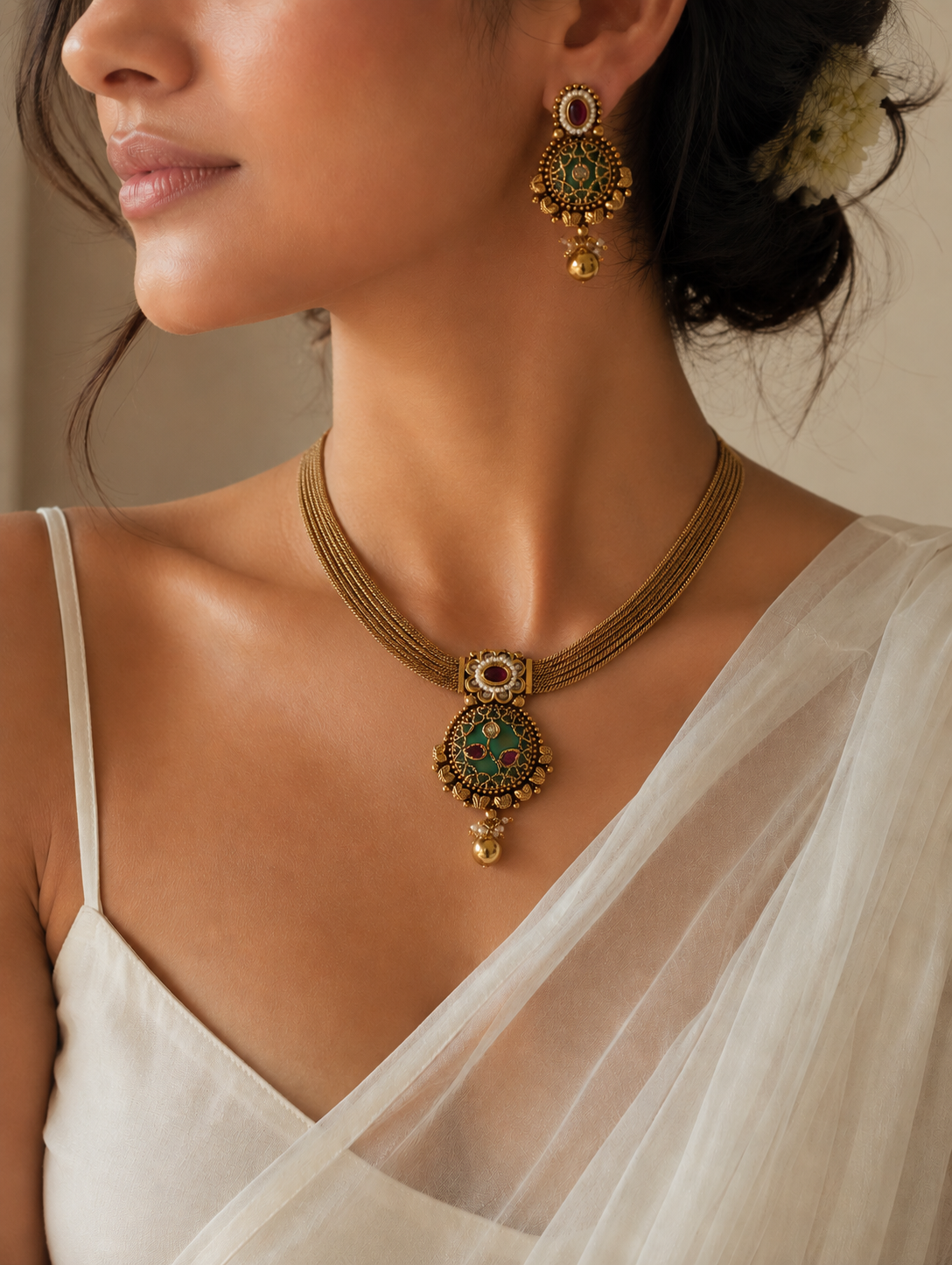 Woman wearing a gold necklace and earrings with a white garment