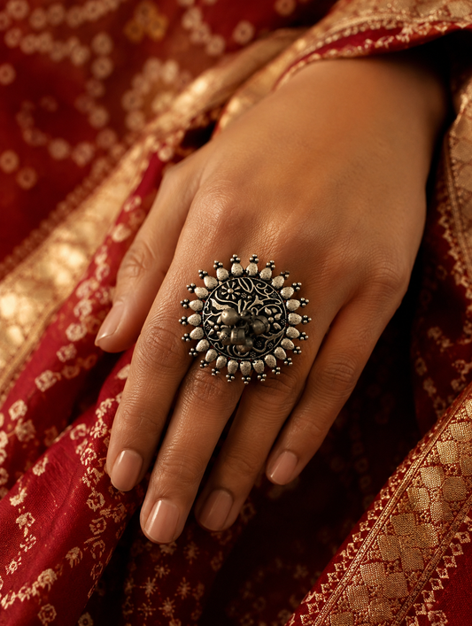 A close-up of a woman's hand resting on a red and gold traditional textile, showcasing a large, round oxidized silver statement ring with a pointed sunburst frame and a detailed floral engraved center.