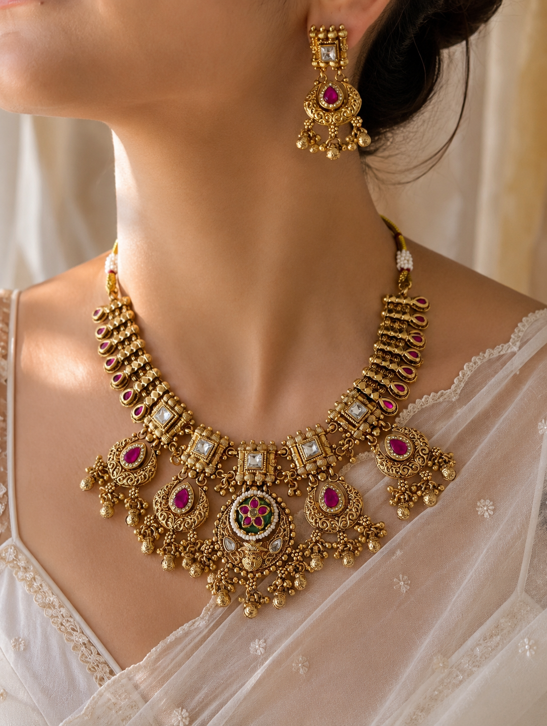 Close-up of a model showcasing an Indian bridal antique gold necklace and earring set with pink ruby stones and Kundan detailing for wedding or festive ethnic wear.
