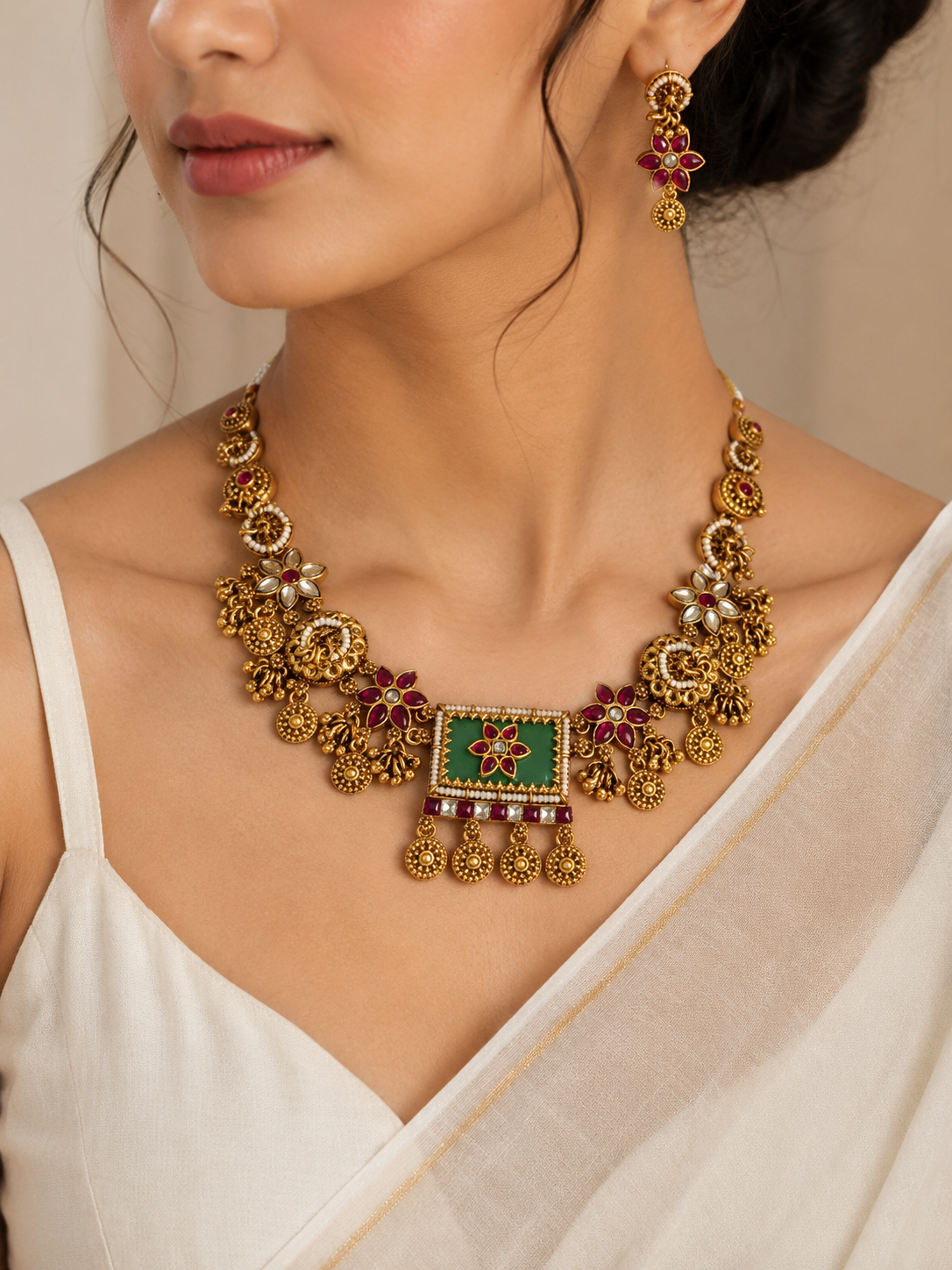 Woman wearing a gold necklace with gemstones and matching earrings.