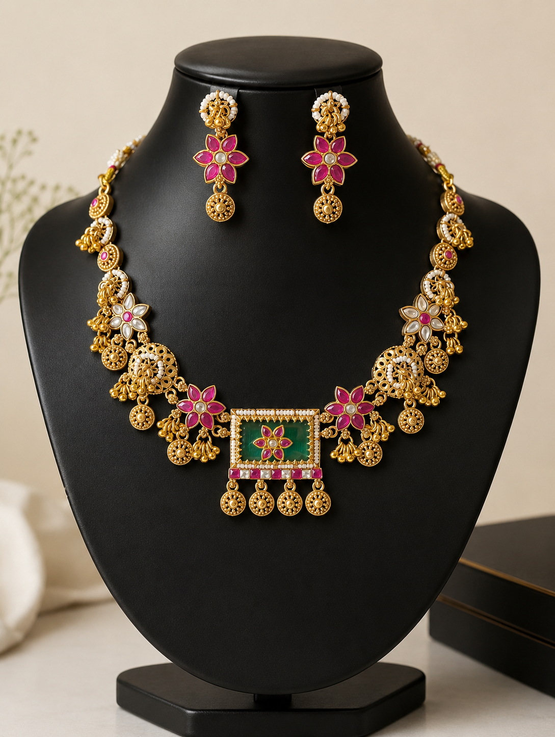 Gold necklace and earrings set on a black mannequin bust with a neutral background