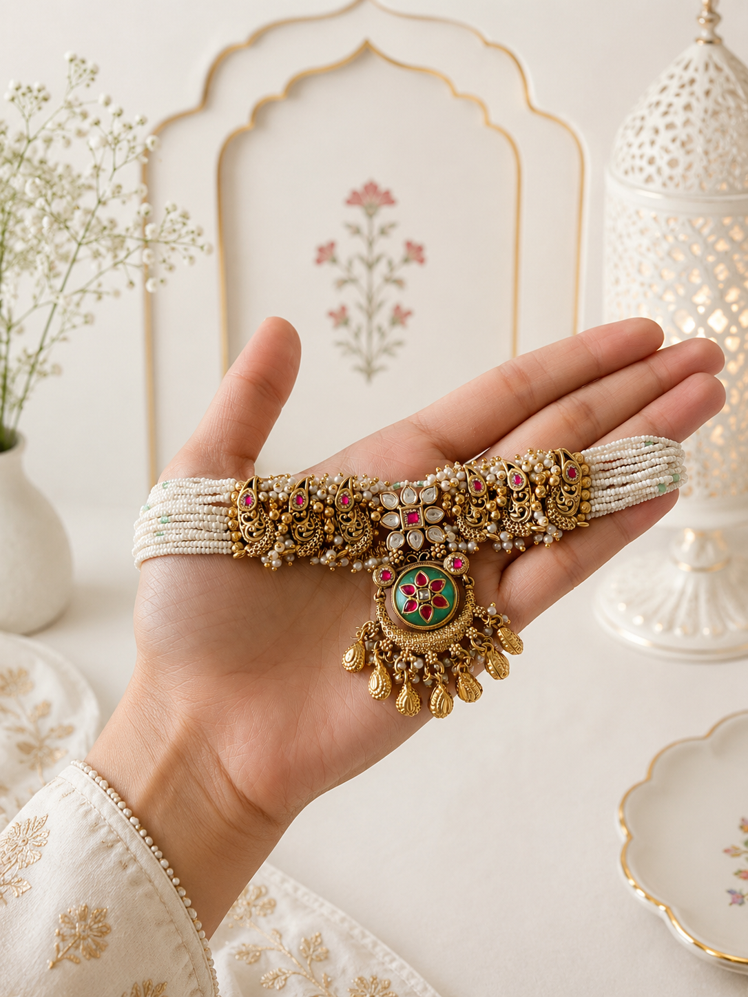 Bridal antique gold and multi-strand pearl choker necklace with intricate Kundan and green Meenakari floral enamel work for elegant Indian festive attire.