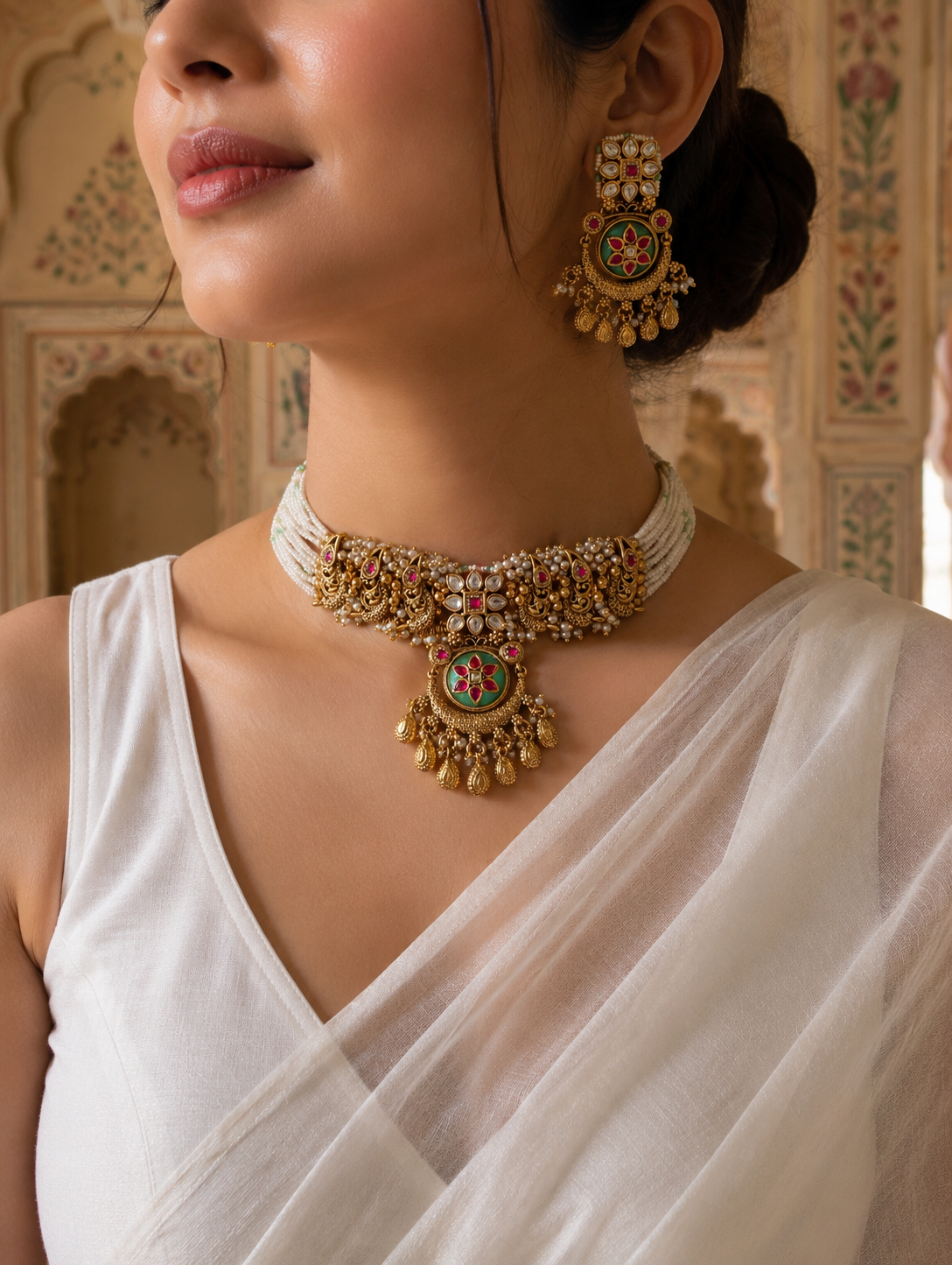 Woman wearing a white saree with gold jewelry, including a necklace and earrings, against an ornate background.