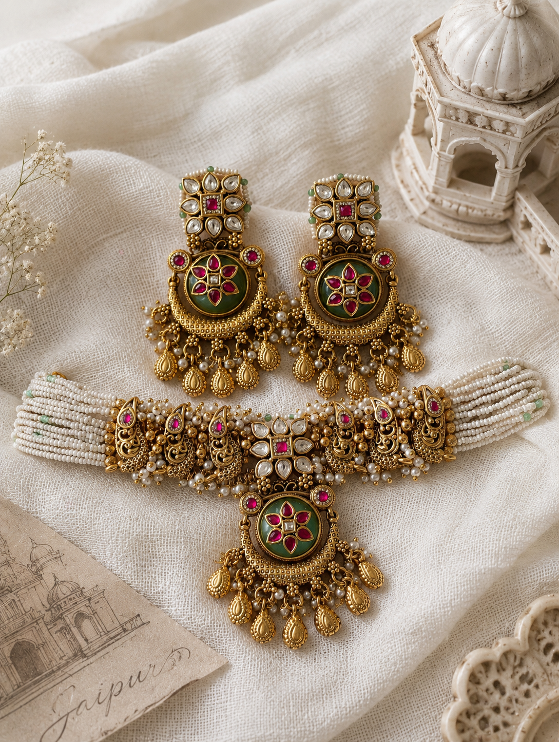 Ornate gold jewelry set with red and green stones on a textured fabric background