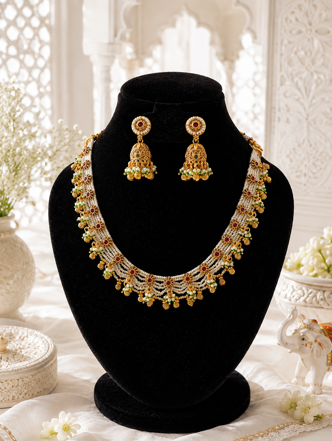Gold necklace and earrings on a black stand with a white floral background