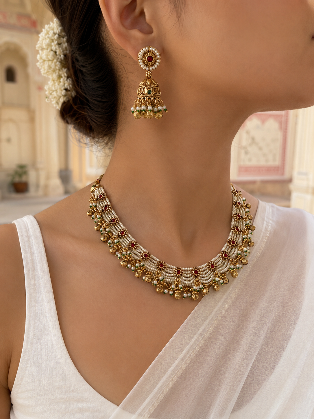Close-up of a woman wearing gold jewelry with a blurred background