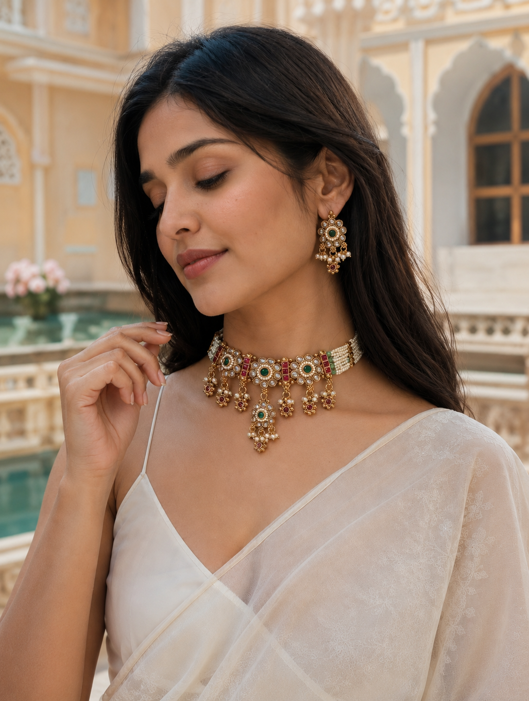 Woman wearing a gold necklace and earrings in an outdoor setting