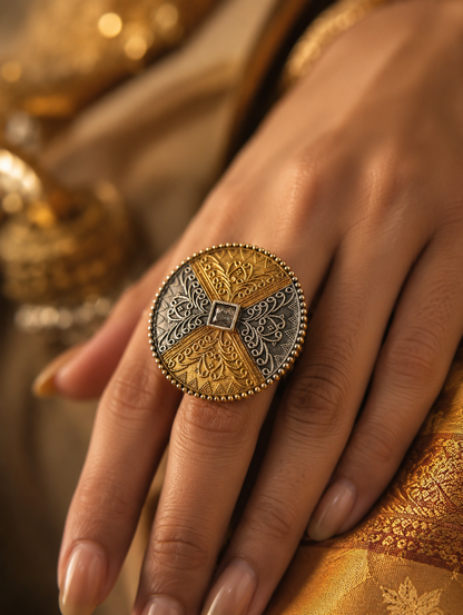 A close-up view of a woman's hand showcasing a large, round statement ring with a textured beaded border. The ring face features a distinct four-quadrant cross pattern in alternating oxidized silver and gold filigree, finished with a small square gemstone in the center.