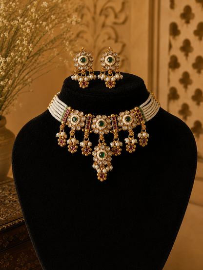 Jewelry set with necklace and earrings on a black stand against a decorative background