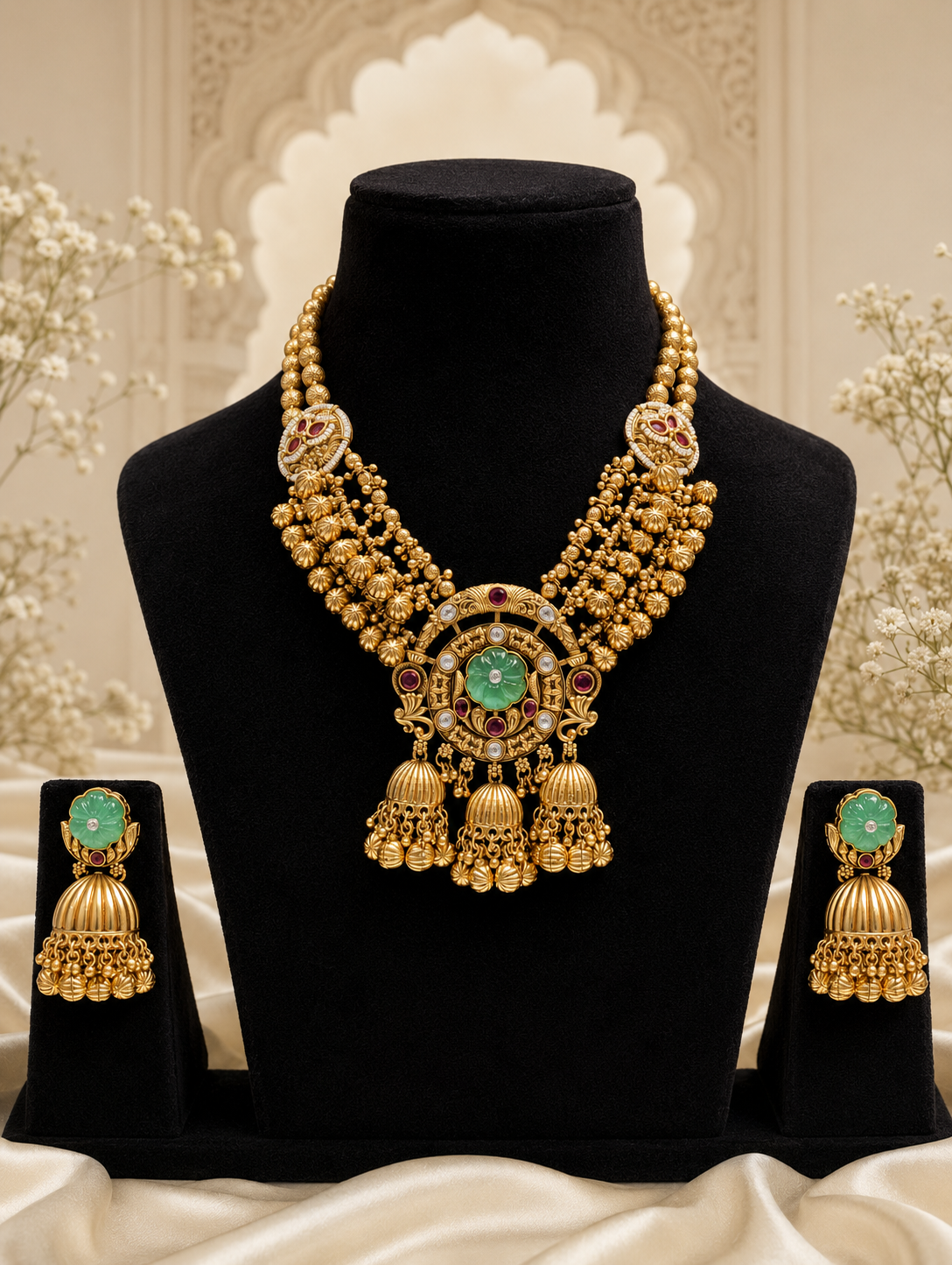 An antique gold-finish statement necklace set featuring multi-strand gold bead clusters, a large circular central medallion with a carved light green flower stone and ruby accents, and three hanging gold jhumkas, displayed on a black velvet bust with matching earrings.