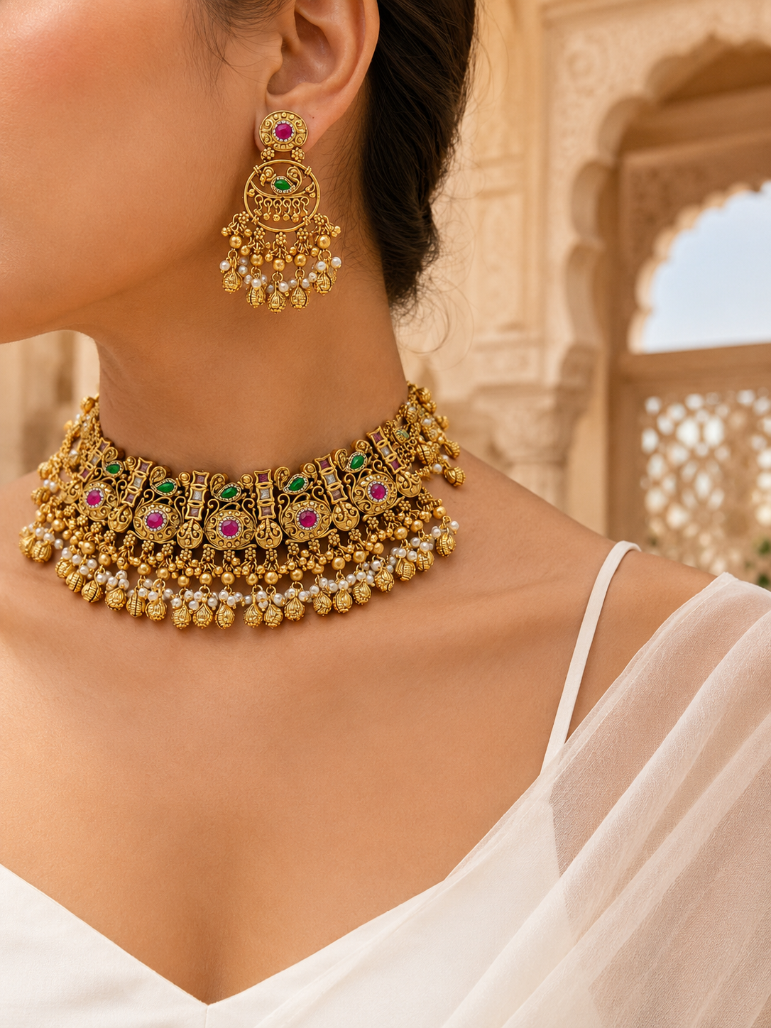 Gold necklace and earrings with gemstones worn by a person, with a blurred architectural background.