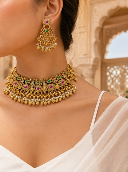 Gold necklace and earrings with gemstones worn by a person, with a blurred architectural background.