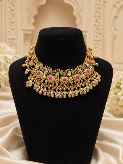An intricate Meghakshi antique gold choker necklace adorned with pink and green enamel stonework, hanging pearl details, and elaborate gold clusters, displayed on a black velvet bust against a cream-colored festive backdrop.