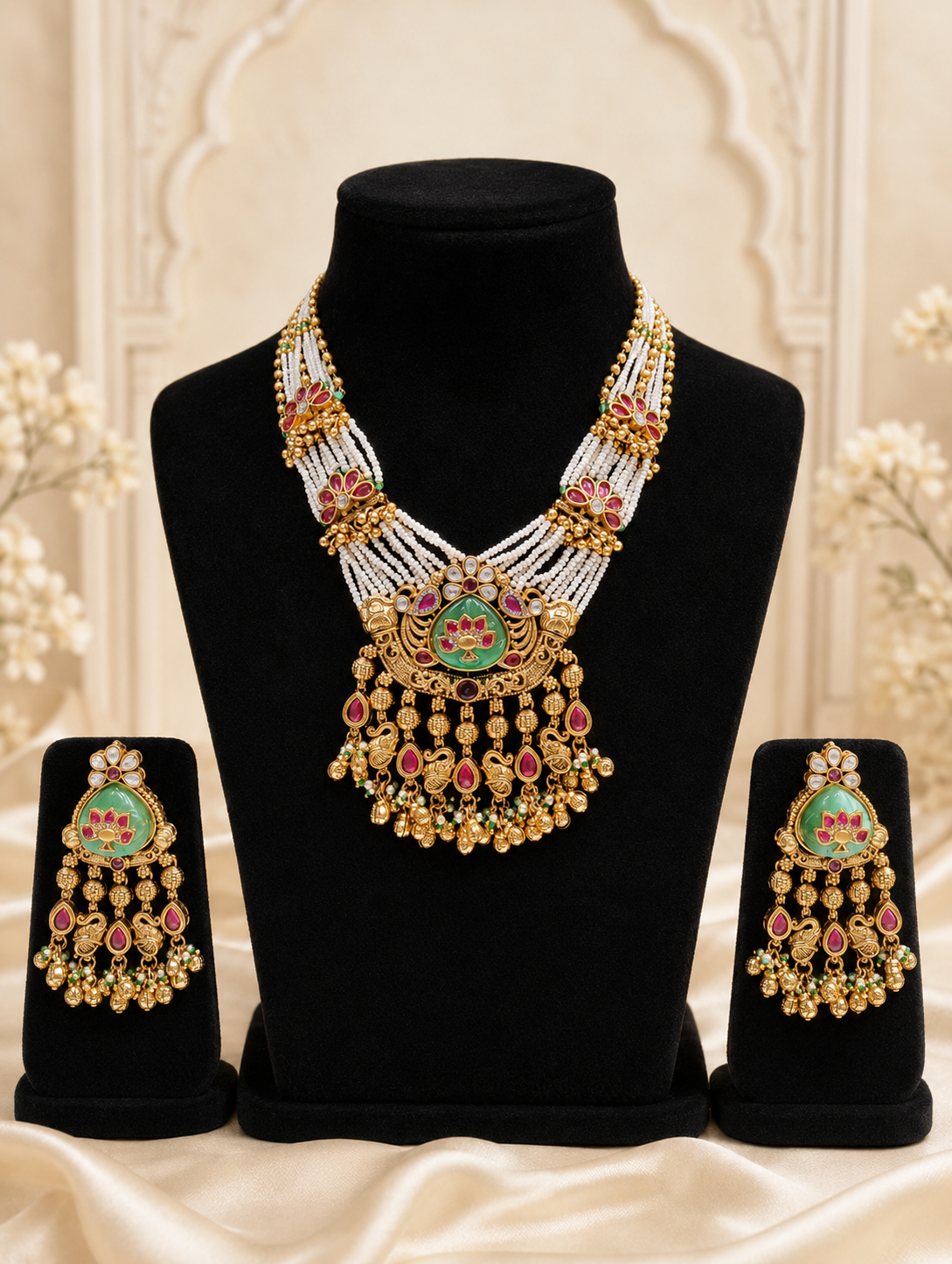 An exquisite antique gold-plated jewelry set featuring a multi-strand pearl necklace with a large statement pendant and matching drop earrings, detailed with green enamel, pink lotus motifs, and dangling ruby stones on a black display.