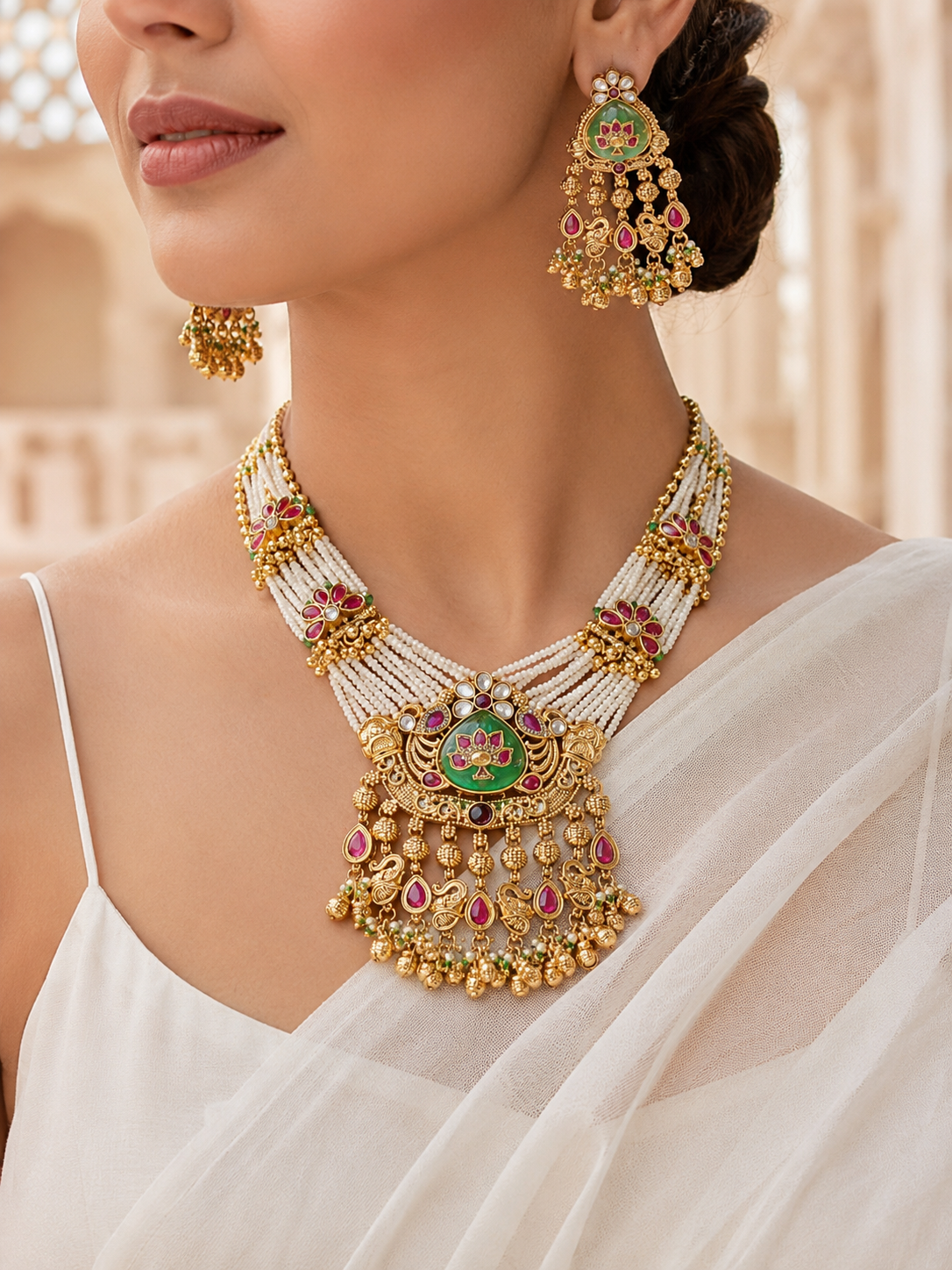 A close-up shot of a model wearing the antique gold-plated multi-strand pearl necklace with a large lotus motif pendant and matching statement earrings, styled with a white saree against a soft blurred background.