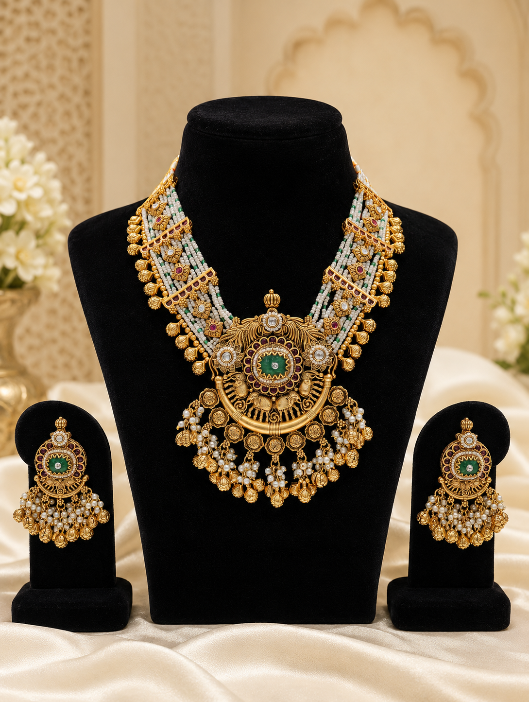 An elaborate antique gold-plated jewelry set displaying a multi-strand pearl necklace with a large circular statement pendant and matching drop earrings, adorned with green enamel centers, ruby red accents, and dense pearl fringe detailing on a black stand.
