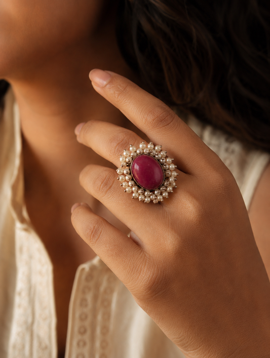 A close-up view of a woman's hand showcasing a large, oval statement ring. The ring features a polished, vibrant pink cabochon stone center surrounded by two concentric borders of delicate white pearls, styled with a cream-colored embroidered shirt.