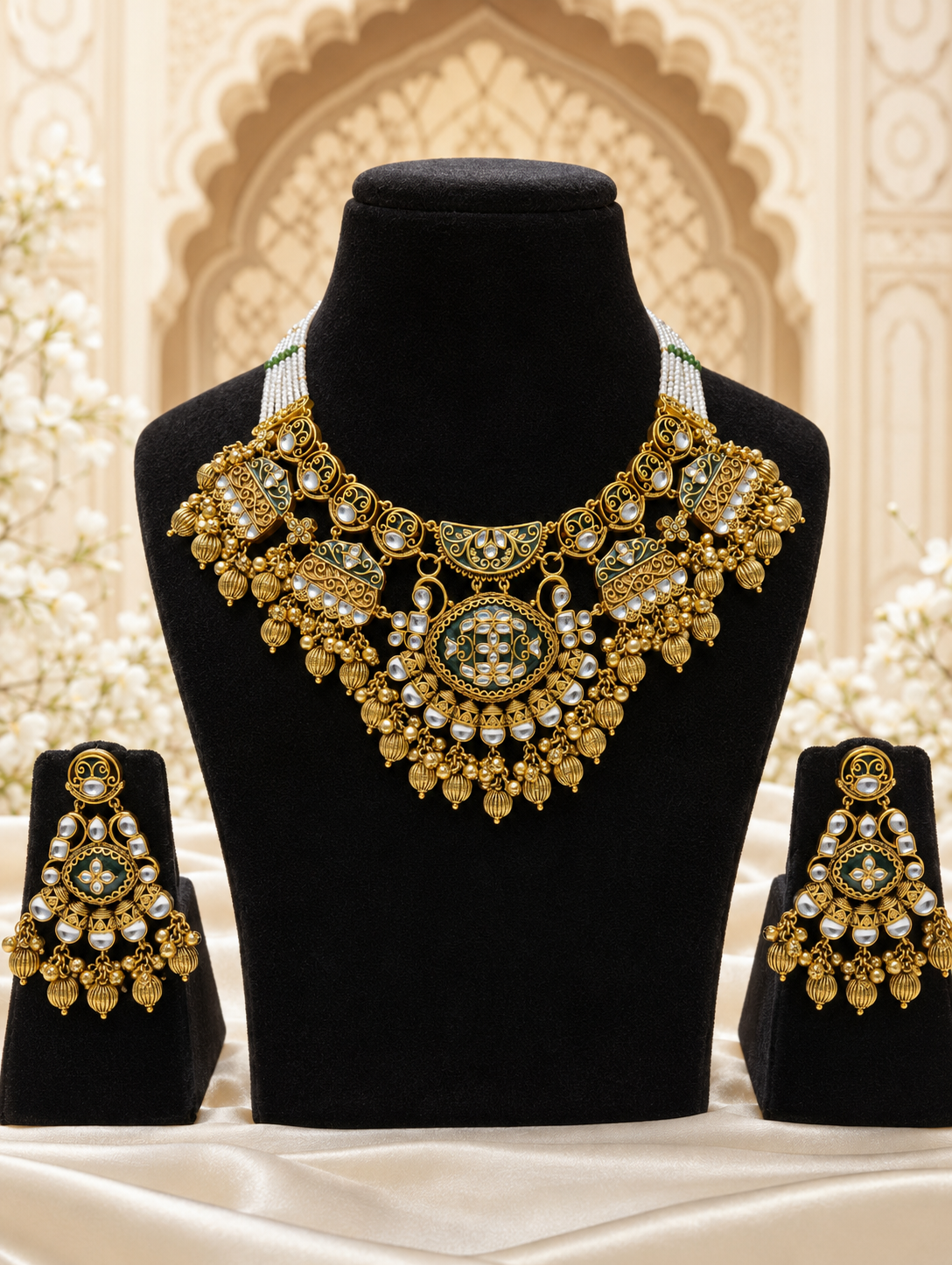 The Rajkumari antique gold-plated bridal necklace set displayed on a black bust, featuring a wide statement necklace and matching chandelier earrings adorned with clear Kundan stones, dark green enamel details, and hanging gold bead clusters.