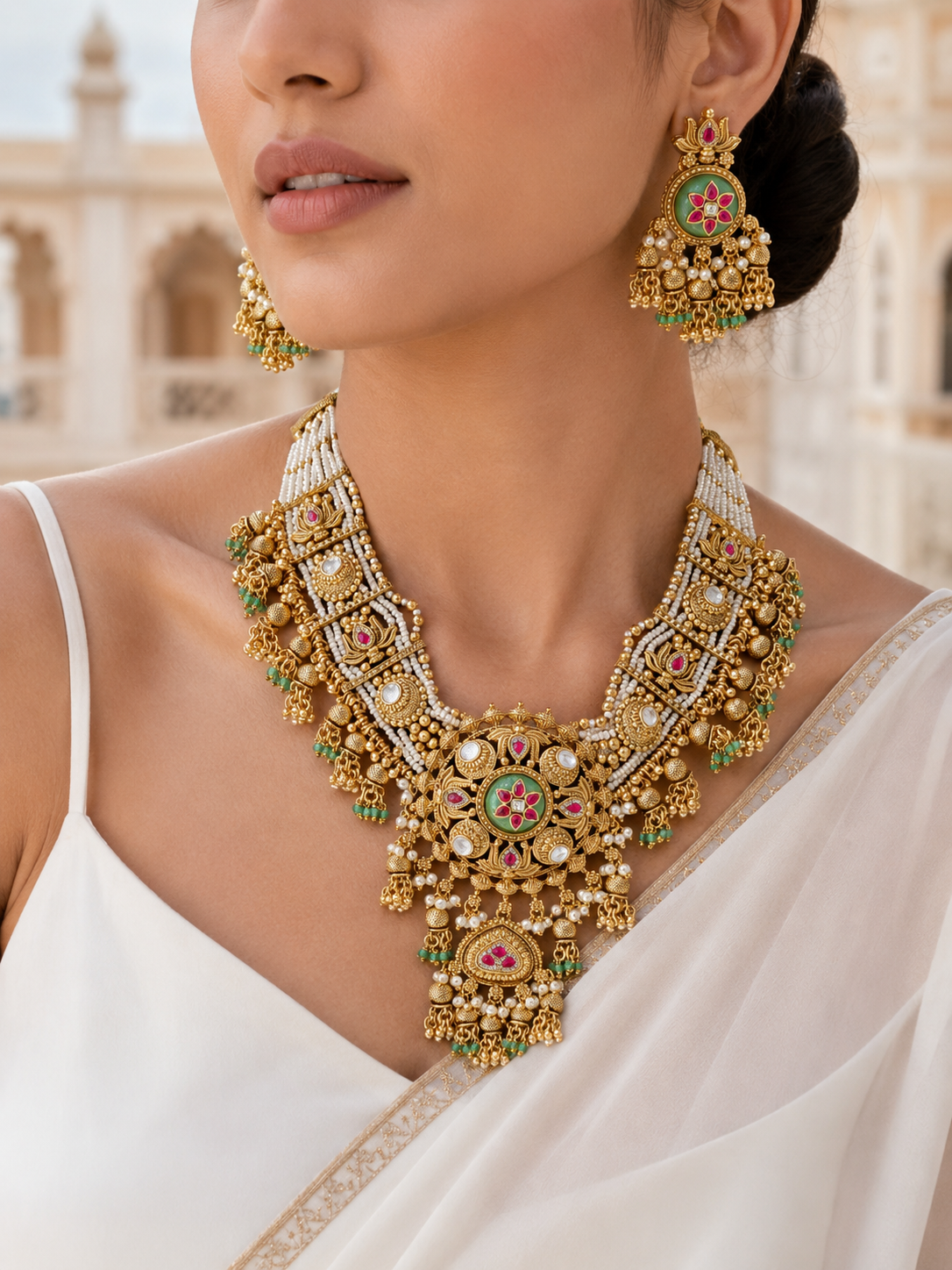 A close-up shot of a model wearing the RajRatna antique gold bridal jewelry set against a blurred palace backdrop. She is wearing a heavy royal necklace and matching statement jhumka earrings featuring white pearl strands, green enamel centers, and pink ruby accents, perfectly paired with an elegant off-white saree.