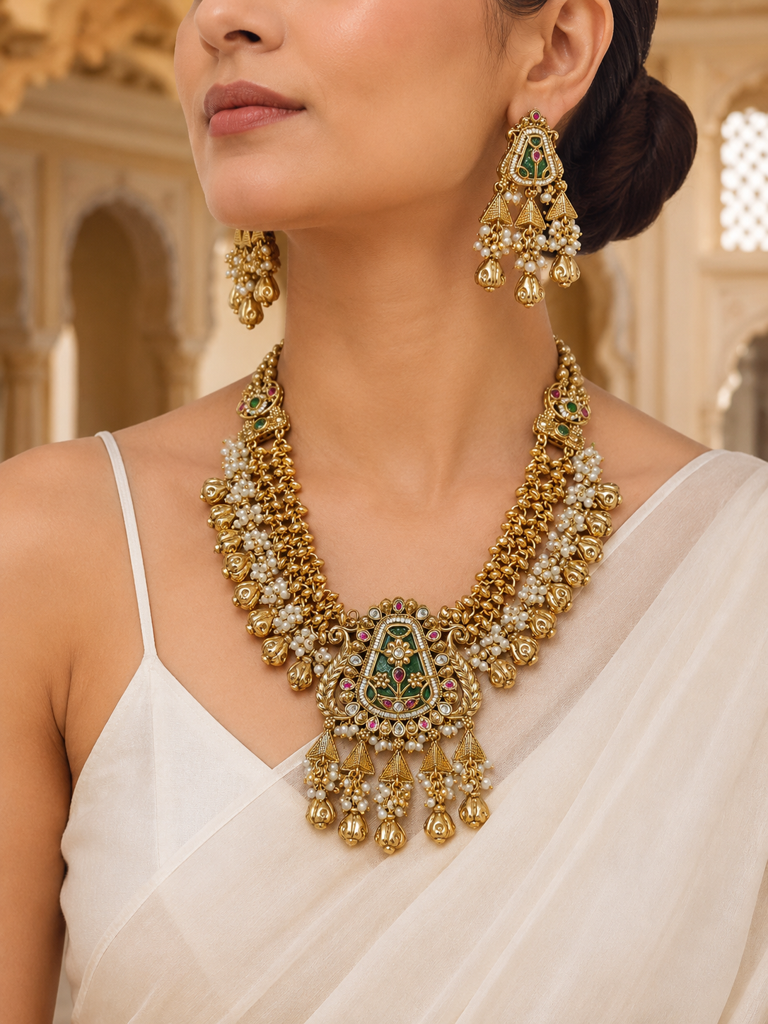 Woman wearing a gold necklace and earrings with a white saree in an indoor setting.