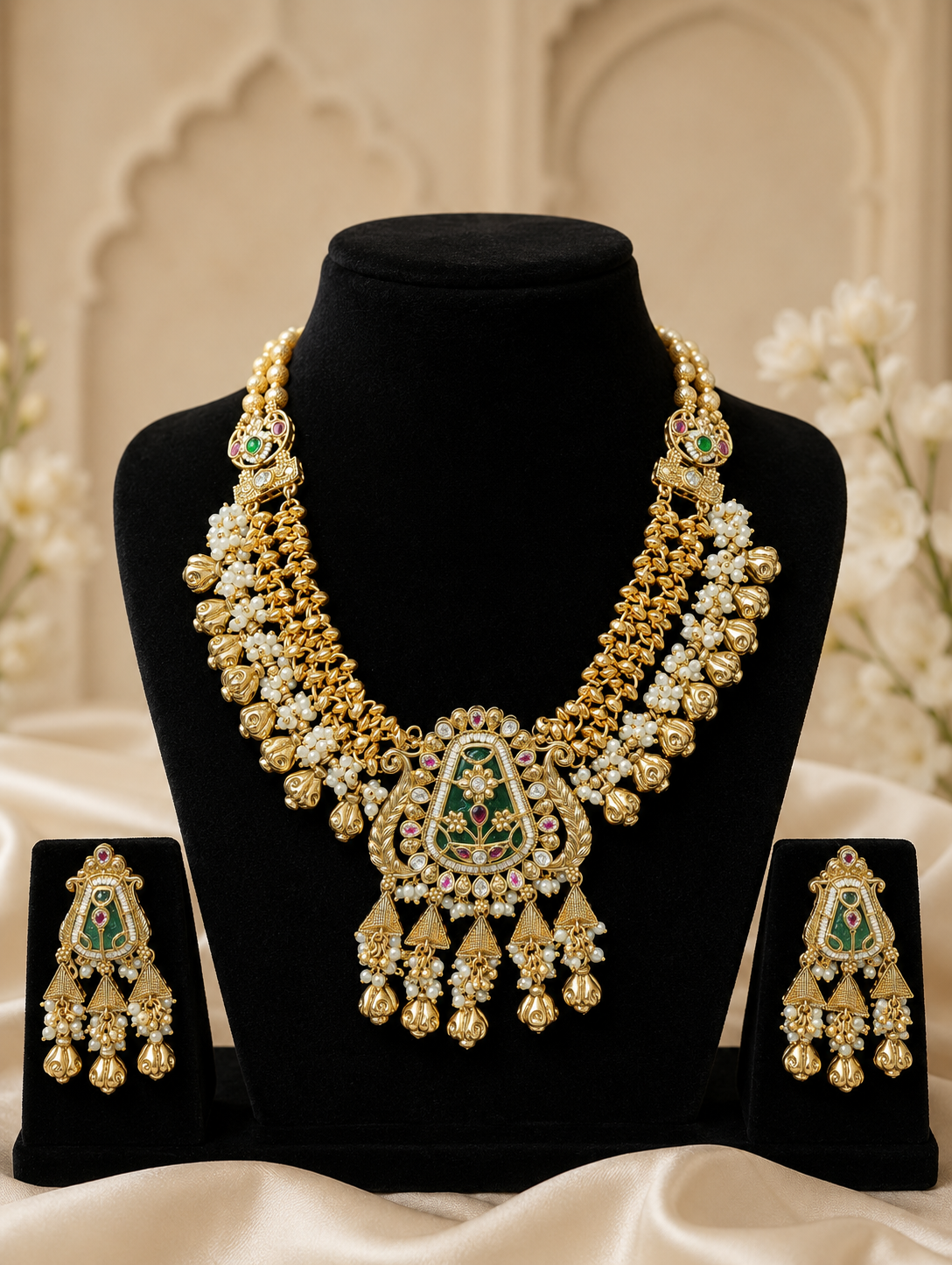 An elegant traditional Indian bridal jewelry set from the YuvRaani collection displayed on black velvet busts. The set includes a heavy gold-polished necklace and matching tiered dangle earrings, detailed with intricate gold beadwork, clusters of small white pearls, and a prominent green enameled central pendant accented with small pink rubies and clear stones.