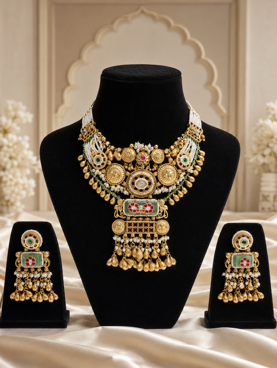 A luxurious traditional Indian bridal jewelry set displayed on black velvet stands. The set features a heavy antique gold choker necklace and matching rectangular dangle earrings, detailed with circular gold motifs, green enameled sections with pink ruby floral patterns, white seed pearl strands, and hanging gold bead tassels.