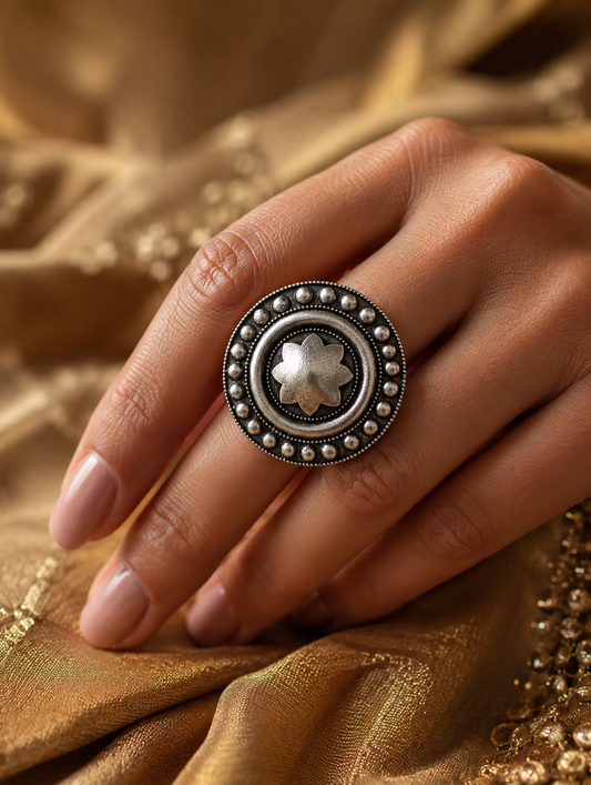 A close-up view of a woman's hand showcasing a large, round oxidized silver statement ring. The ring features a raised, smooth eight-pointed star or floral shape in the center, encircled by concentric textured rings and a beaded metallic border, resting against a shimmering gold traditional fabric.