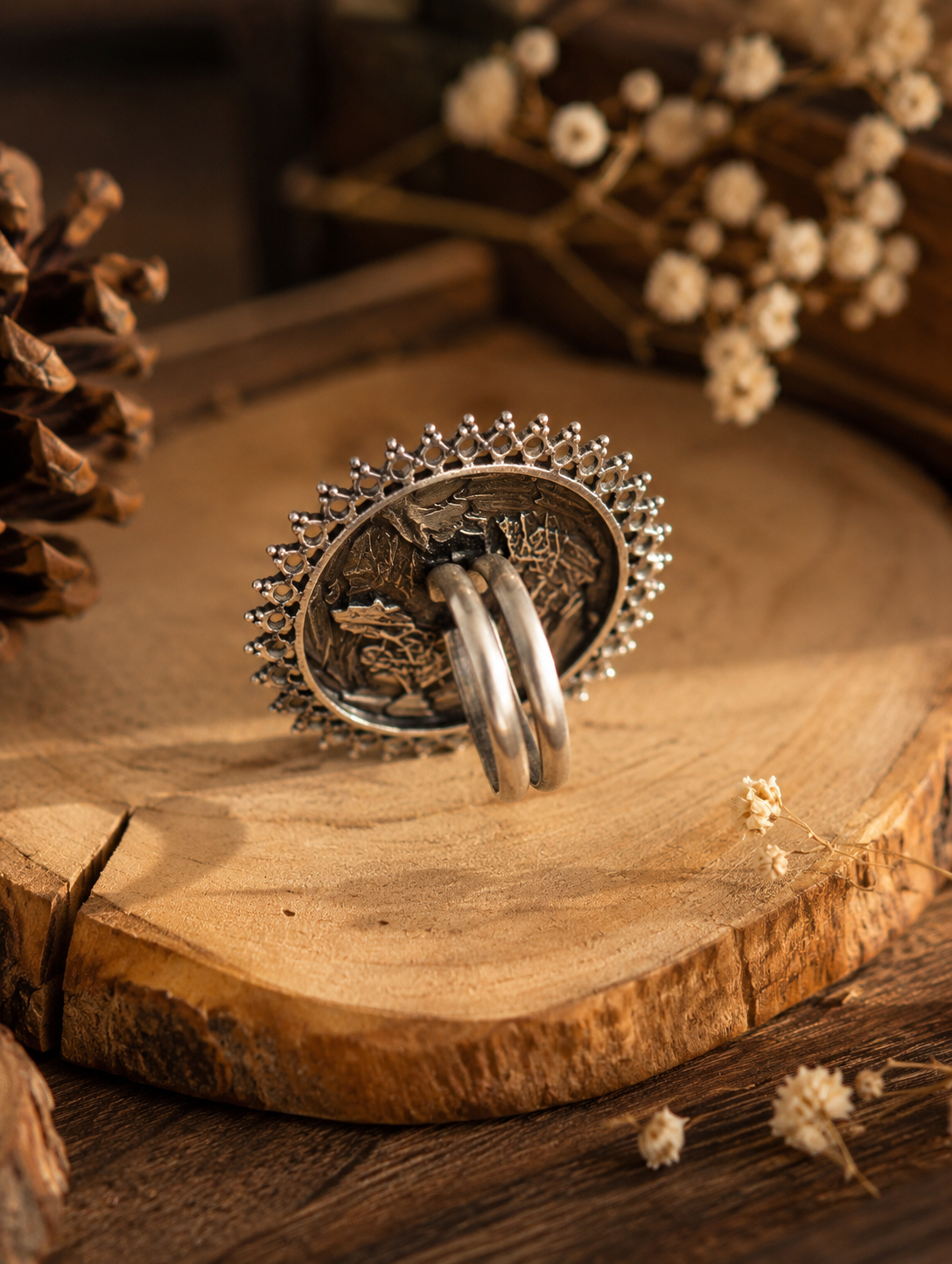 Hamsa Oxidized Silver Mandala Statement Ring