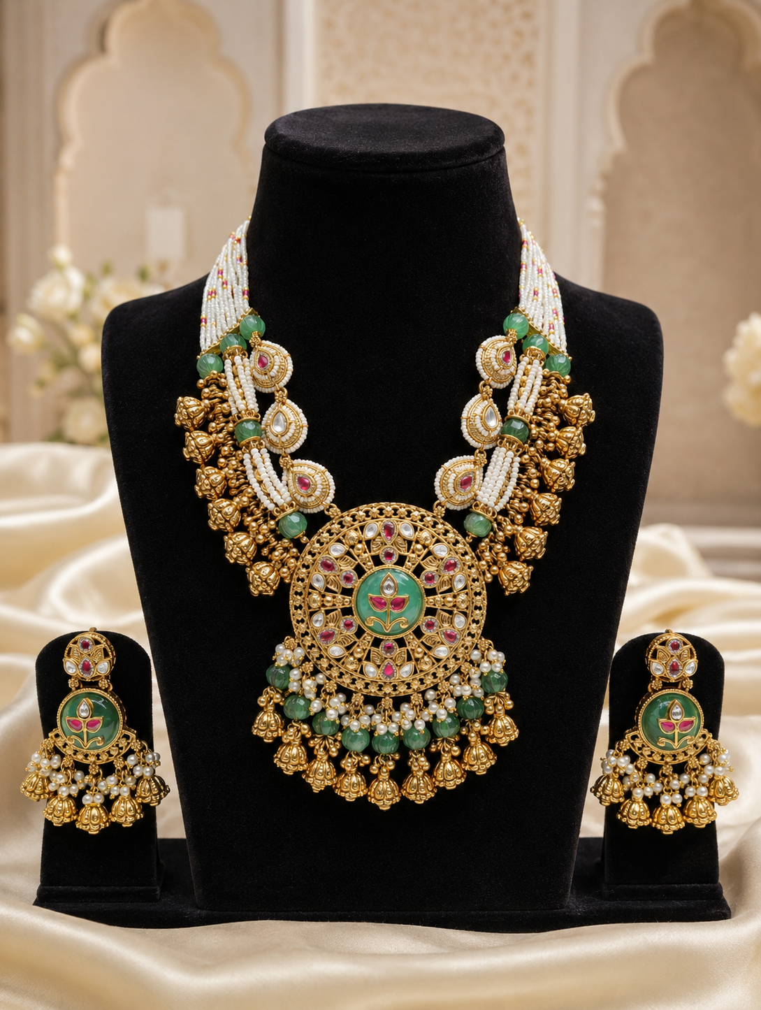A traditional Indian bridal jewelry set displayed on black velvet stands. The set includes a heavy antique gold-finished necklace featuring multi-strand white seed pearls, green accent beads, and a large circular statement pendant with a green meenakari floral center and small ruby settings. It is accompanied by matching dangling jhumka earrings with green enamel and pearl cluster borders.