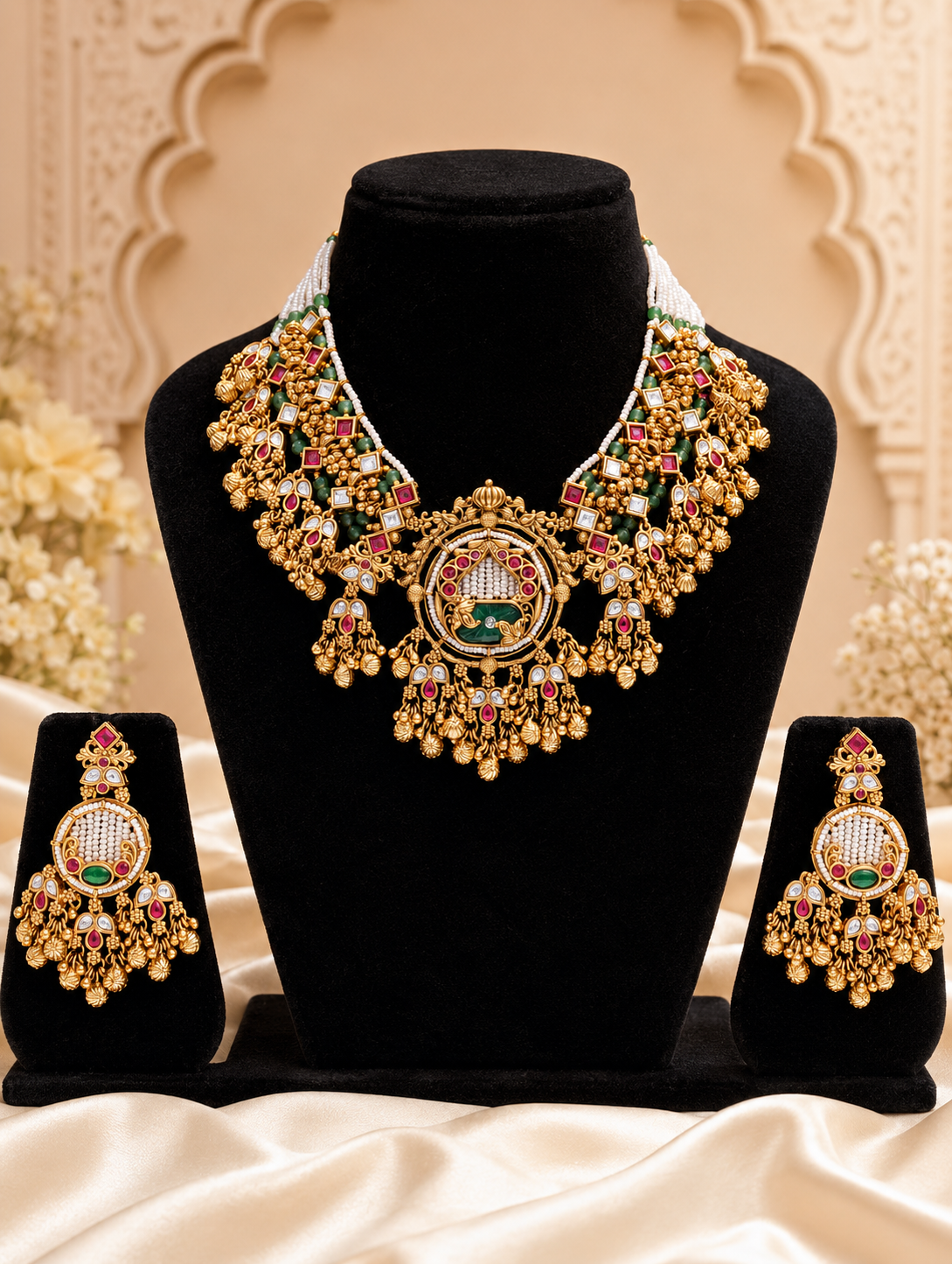 A luxurious traditional Indian bridal jewelry set, displayed on black velvet stands. The heavy antique gold-finished choker necklace and matching statement dangle earrings feature detailed circular medallions with fine pearl-bead inlay, square-cut ruby and emerald gemstone settings, and dense cascades of small golden dangling ghungroo beads.