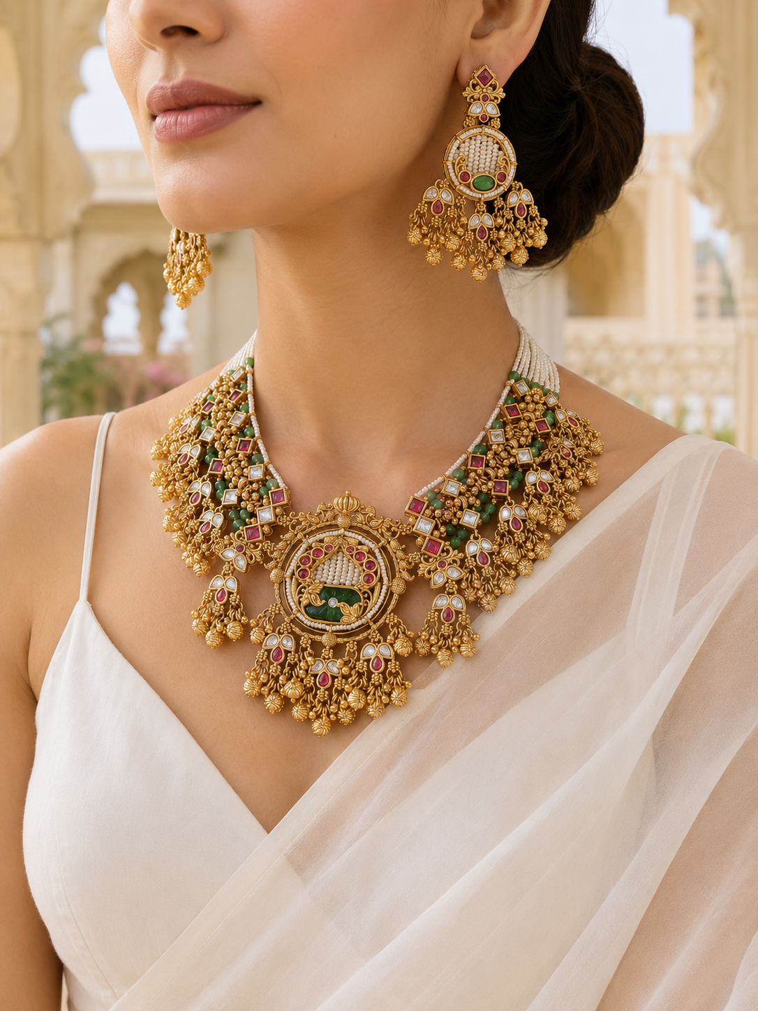 A close-up model shot showcasing the Chandrakala traditional bridal jewelry set. The model wears a heavy antique gold-finished choker necklace and matching large circular dangle earrings featuring fine pearl-bead inlay, vibrant pink rubies, and green emerald stones. The regal ensemble is styled with an elegant off-white saree against a soft, blurred palace archway backdrop.