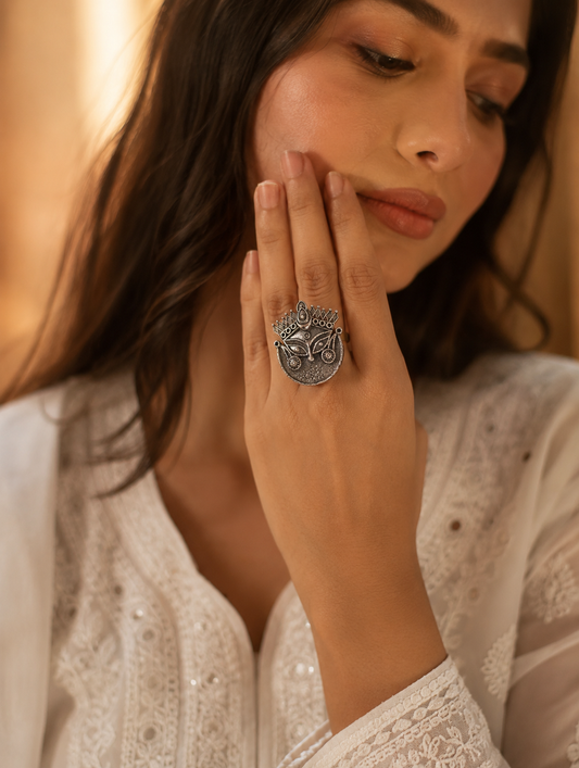 Beena Oxidized Silver Goddess Durga Ring