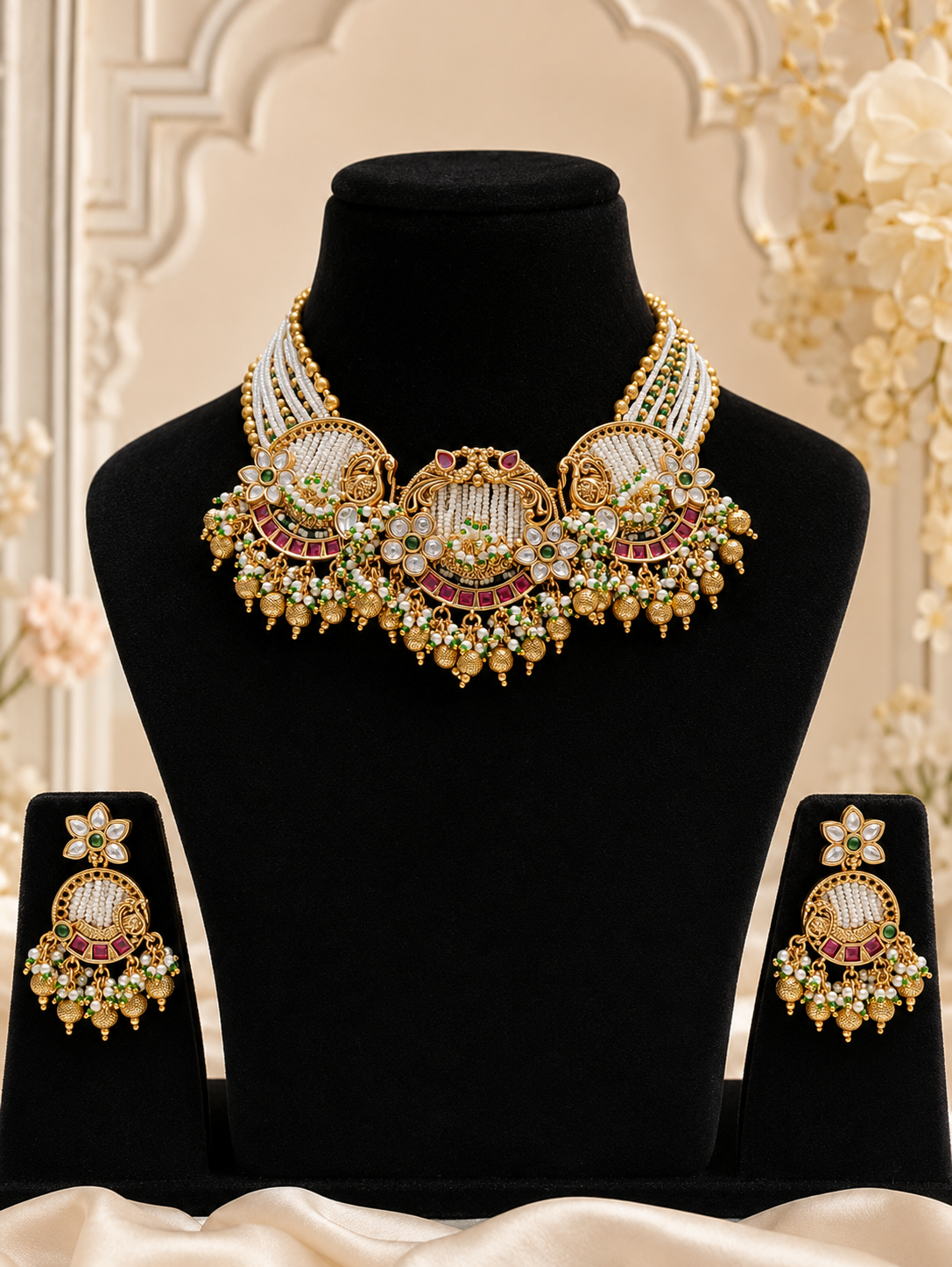 A royal traditional Indian bridal jewelry set displayed on black velvet busts. The set includes a heavy antique gold choke-style necklace and matching circular dangle earrings, adorned with intricate white seed pearl inlay panels, semi-circular crescent accents lined with deep red rubies, and tiered borders of hanging gold and tiny green accent beads.