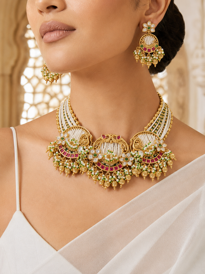 Woman wearing a gold necklace and earrings with a white background