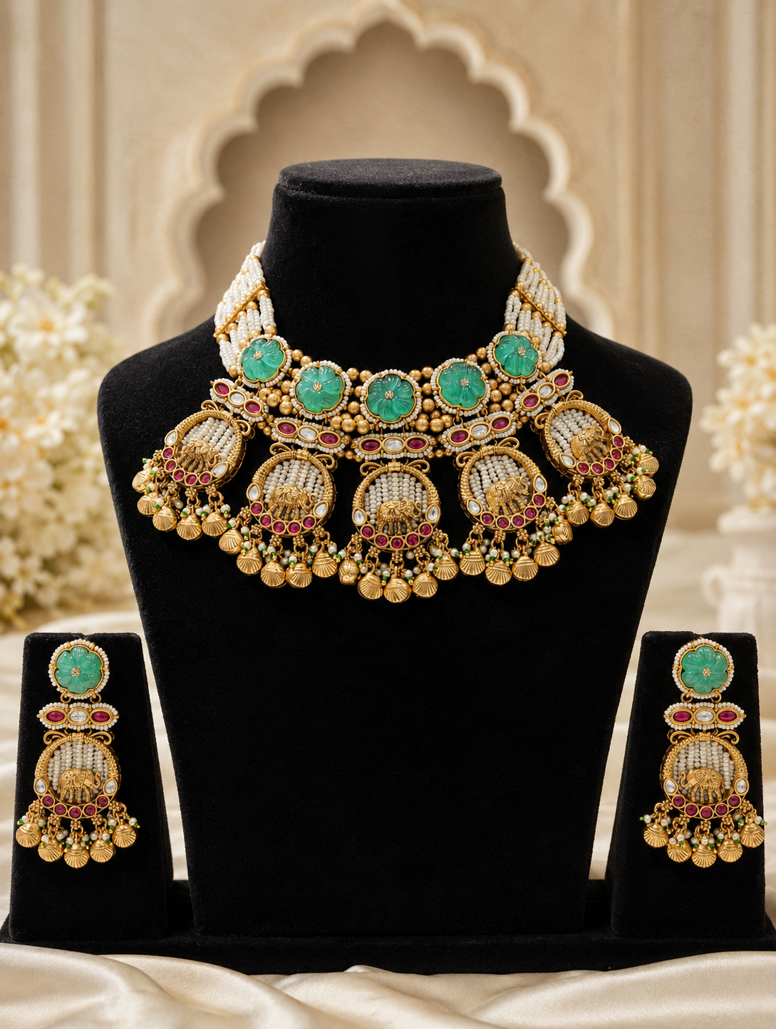 Royal antique gold Indian bridal jewelry set featuring a heavy choker necklace and matching dangle earrings adorned with carved green gemstones, seed pearls, and intricate gold elephant motifs on a black display stand.