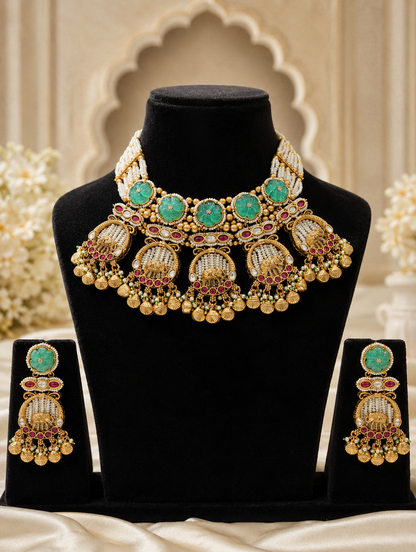 Royal antique gold Indian bridal jewelry set featuring a heavy choker necklace and matching dangle earrings adorned with carved green gemstones, seed pearls, and intricate gold elephant motifs on a black display stand.