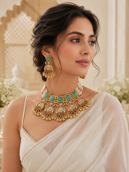 Woman wearing gold and green jewelry with a blurred decorative background