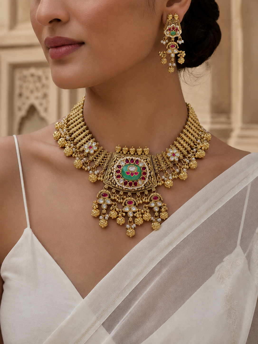 Woman wearing a gold necklace and earrings with a white saree