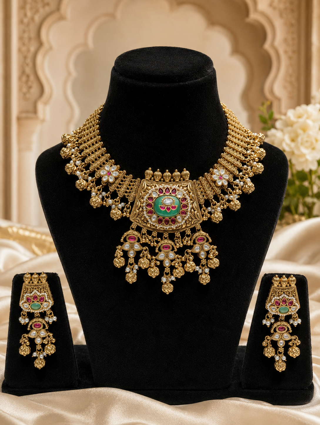 A luxurious antique gold Indian bridal necklace and earring set featuring a wide mesh-patterned collar, a large central pendant with a green stone, and intricate cascading gold bead clusters on a black mannequin display.
