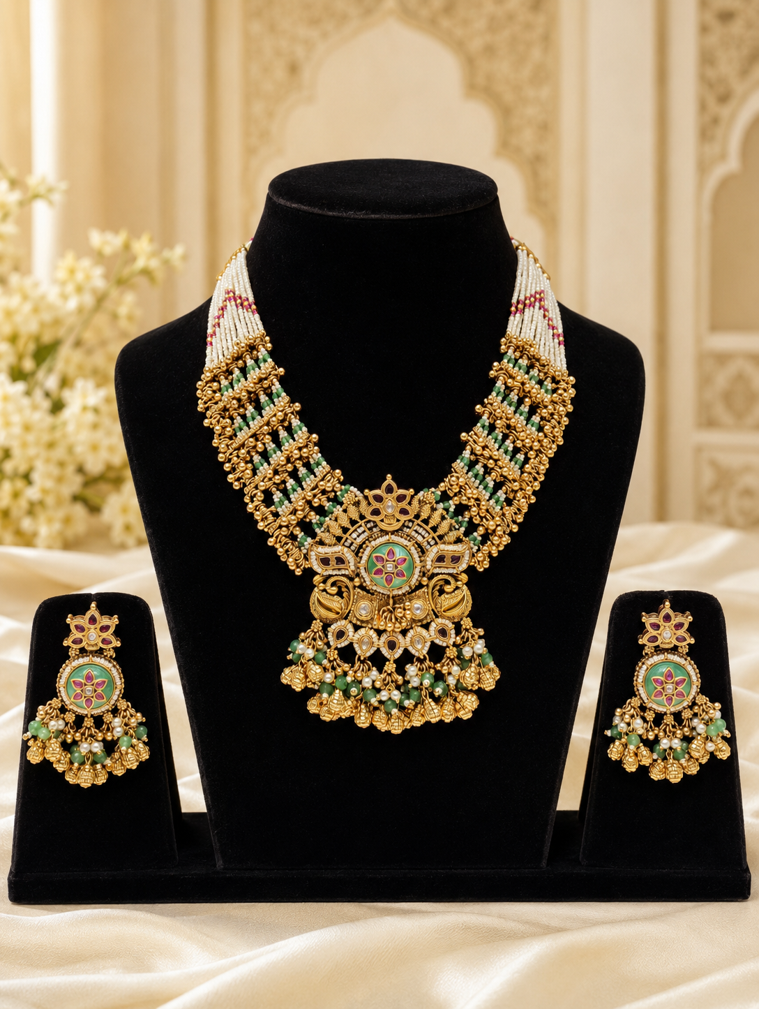 Traditional Indian antique gold bridal necklace and matching earrings set displayed on black busts. The intricate necklace features multi-strand white seed pearls, multi-layered gold beads, and a large central pendant adorned with green and pink Meenakari enamel, kundan stones, and dangling gold and green bead clusters.