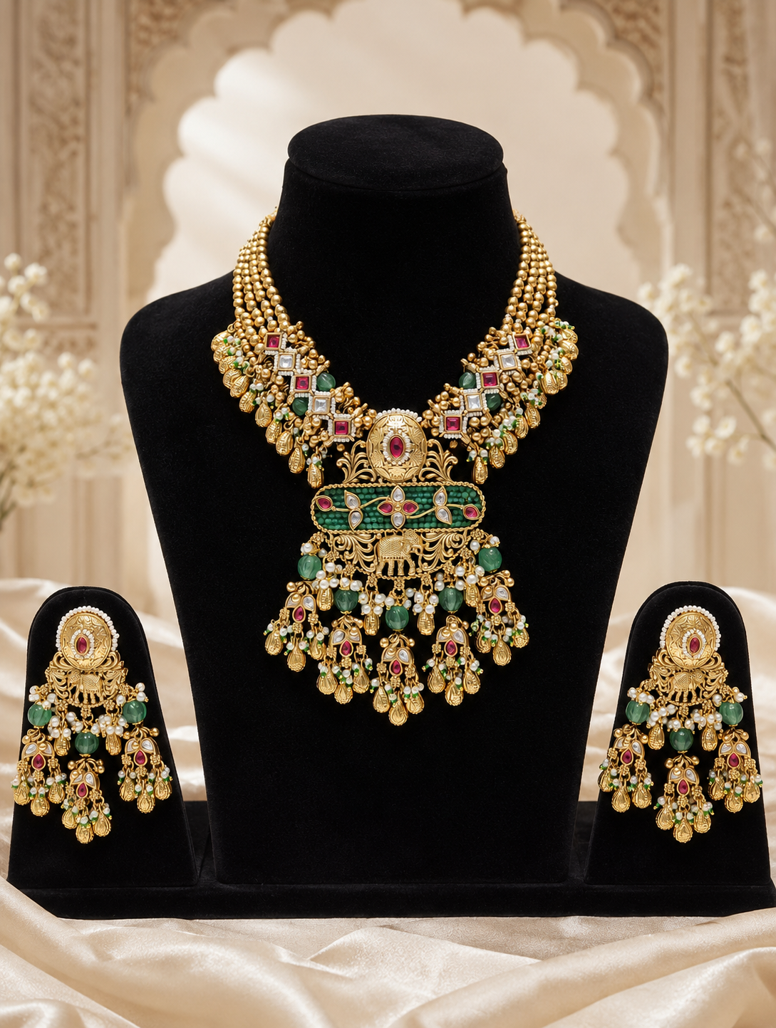 A traditional Indian antique gold bridal necklace and matching chandelier earrings set displayed on black velvet stands. The heavy necklace features multi-strand gold beads and a large, intricate pendant with an elephant motif, green bead detailing, ruby-red kemp stones, and dangling gold and emerald-green bead clusters.