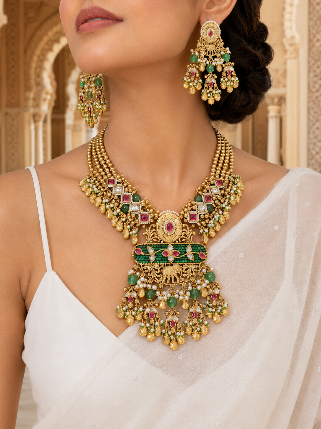 Woman wearing a gold necklace and earrings with gemstones in an ornate setting